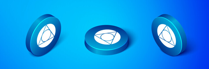 Wall Mural - Isometric Triangle math icon isolated on blue background. Blue circle button. Vector