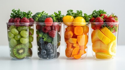 Close-up photo for advertisement, A row of various healthy fresh fruits and vegetables in a transparent cup for making a drink, on a white background, Generative AI