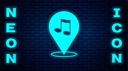 Canvas Print - Glowing neon Location musical note icon isolated on brick wall background. Music and sound concept. Vector