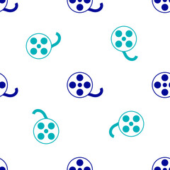 Sticker - Blue Film reel icon isolated seamless pattern on white background. Vector