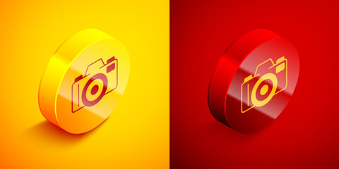 Sticker - Isometric Photo camera icon isolated on orange and red background. Foto camera. Digital photography. Circle button. Vector