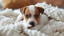 Funny Moments: Funny Little Puppy On A White Blanket. Generative Ai