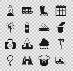 Sticker - Set Rv Camping trailer, Hammer, Cup of tea, Waterproof rubber boot, Bottle water, Torch flame, lantern and Swiss army knife icon. Vector