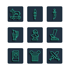 Sticker - Set line Greek history book, Ancient column, Crossed medieval sword, Dagger, bust sculpture, amphorae, Trojan horse and Hermes sandal icon. Vector