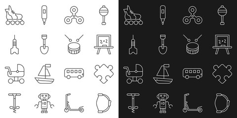 Canvas Print - Set line Bow toy, Puzzle pieces, Chalkboard, Fidget spinner, Shovel, Dart arrow, Roller skate and Drum with drum sticks icon. Vector