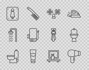 Poster - Set line Toilet bowl, Hair dryer, Water tap, Tube of toothpaste, Female toilet, Electric boiler, Washbasin mirror and icon. Vector