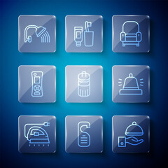 Poster - Set line Electric iron, Please do not disturb, Covered with tray, Armchair, Trash can, Remote control, Shower head and Hotel service bell icon. Vector