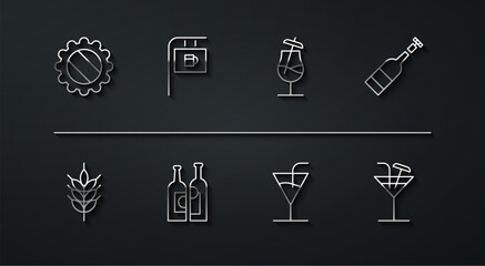 Poster - Set line Bottle cap, Hop, Opened bottle of wine, Cocktail, Bottles, Street signboard with Bar, and icon. Vector