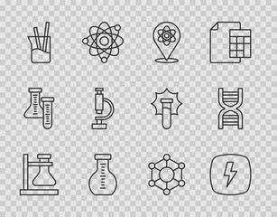 Sticker - Set line Test tube flask on stand, Lightning bolt, Atom, Laboratory glassware, Microscope, Molecule and DNA symbol icon. Vector