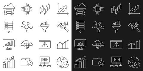 Poster - Set line Financial growth, Pie chart infographic, Search data analysis, Browser with stocks market, Mind map, Server, Coal mine trolley and Sales funnel icon. Vector