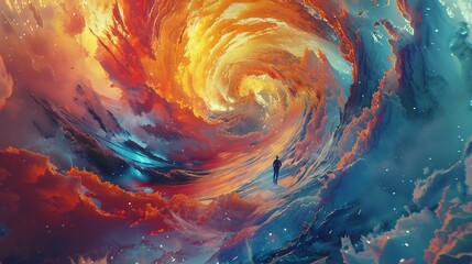 Digital Artist at Work: A digital painter crafting vibrant landscapes on a futuristic canvas, pixels swirling into forms as they create.