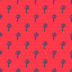 Wall Mural - Blue line Firefighter axe icon isolated seamless pattern on red background. Fire axe. Vector