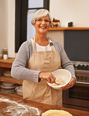 Wall Mural - Portrait, woman and senior baking with smile in kitchen for dessert and cookies with flour for cake. Grandma, happiness and retirement with joy for Easter festive in house for food and snacks