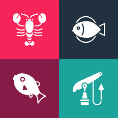 Wall Mural - Set pop art Fishing harpoon, Tropical fish, and Lobster icon. Vector