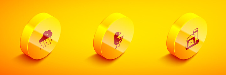 Sticker - Set Isometric Cloud with rain, Little chick and Farm house icon. Vector