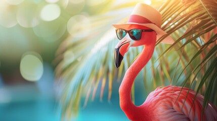 Poster - Bright pink flamingo in sunglasses with a hat on a bright blurred background, concept of summer holidays, tourism, banner with copyspace
