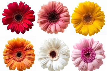 Poster - Various colors of colorful Gerbera roses isolated on white background. Red, pink, yellow, white, orange colors.