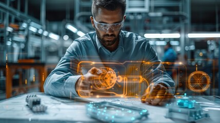Fototapete - Professional engineer sitting at a table with drawings, using augmented reality on a mobile device to display digital twin engineering of an HVAC system. Generative AI.