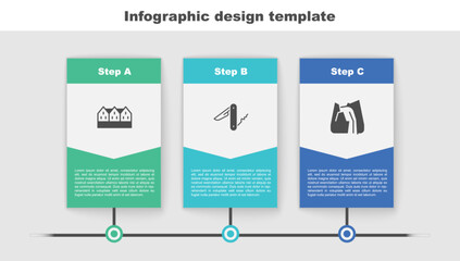 Wall Mural - Set Norwegian wooden house, Swiss army knife and Waterfall. Business infographic template. Vector