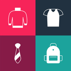 Poster - Set pop art School backpack, Tie, T-shirt and Sweater icon. Vector