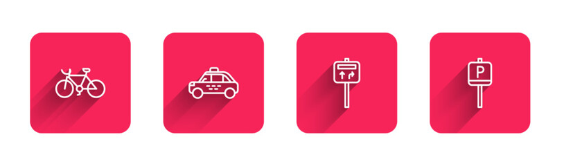 Sticker - Set line Bicycle, Taxi car, Road traffic signpost and Parking with long shadow. Red square button. Vector