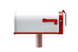 A white mailbox with red accents and a red handle stands prominently in the background. The mailbox is simple in design, with a traditional red flag up. It is positioned next to a paved pathway.