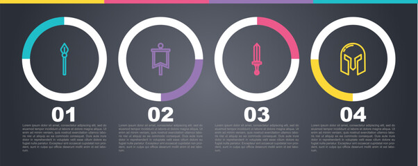 Poster - Set line Medieval spear, flag, sword and iron helmet. Business infographic template. Vector