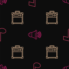 Wall Mural - Set line Music note, tone, Guitar amplifier and Speaker volume on seamless pattern. Vector