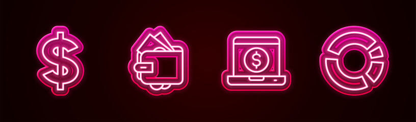 Wall Mural - Set line Dollar symbol, Wallet with money, Laptop dollar and Pie chart infographic. Glowing neon icon. Vector