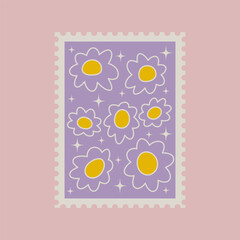 Wall Mural - Colotful y2k perforated post mark with distorted flowers. Geometric retro design. Vintage sticker with groovy daisy shapes. Vector patch for card, poster, collage design