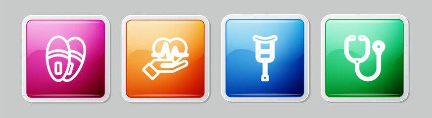 Sticker - Set line Slippers, Heart rate, Crutch or crutches and Stethoscope. Colorful square button. Vector