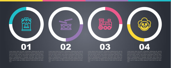 Sticker - Set line Ticket box office, Drum with drum sticks, Toy train and Clown head. Business infographic template. Vector