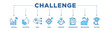 © santerabos - Challenge banner web icon set vector illustration concept with icon of mission, accepted, skill, goal, support, preparation, motivation and success