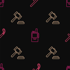 Poster - Set line Police rubber baton, Judge gavel and Walkie talkie on seamless pattern. Vector