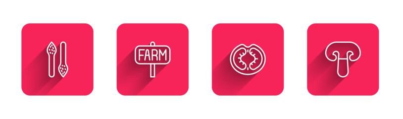 Sticker - Set line Asparagus, Location farm, Tomato and Mushroom with long shadow. Red square button. Vector