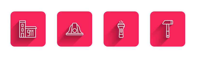 Sticker - Set line Building of fire station, Firefighter helmet, Flashlight and Hammer with long shadow. Red square button. Vector