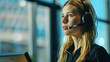 young blonde girl with a headset close-up with copy space