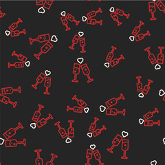 Sticker - Line Glass of champagne icon isolated seamless pattern on black background. Happy Valentines day. Vector