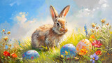 Fototapeta Na drzwi - banner for Easter, bunny with Easter eggs in a field against the sky with copy space, in oil style with place for text