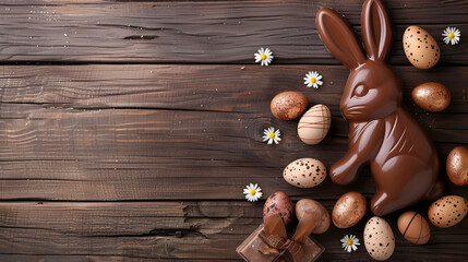 Sticker - chocolate bunny and easter eggs on a wooden board with copy space and place for text