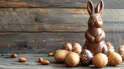 Wall Mural - chocolate bunny and easter eggs on a wooden board with copy space and place for text