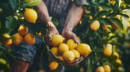 Wall Mural - job advertisement for picking lemons with space for text, lemon picker collecting lemons close-up with space for text