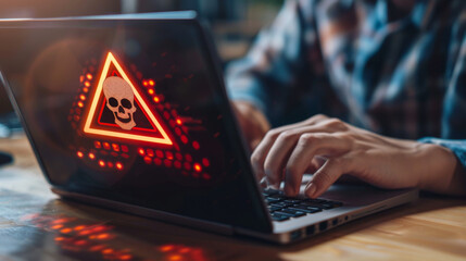 Businessman or It staff, Programmer or Developer using computer laptop with caution triangle skull sign for notification error or threat found concept. Hack system alert, Warning computer OS system.