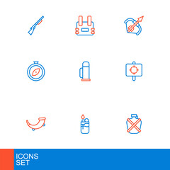 Poster - Set line Canteen water bottle, Lighter, Hunting horn, Target sport, Compass, Thermos container, Medieval bow and arrow and Bulletproof vest icon. Vector