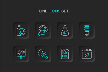 Poster - Set line Calendar with autumn leaves, Bio fuel canister, Drop and magnifying glass, Recycle clean aqua, LED light bulb, Garbage bag, Hand holding Earth globe and Recycling plastic bottle icon. Vector