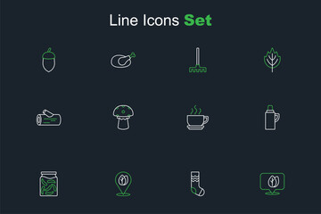 Sticker - Set line Location with leaf, Socks, Pickled cucumbers in jar, Thermos container, Coffee cup, Mushroom and Wooden log icon. Vector