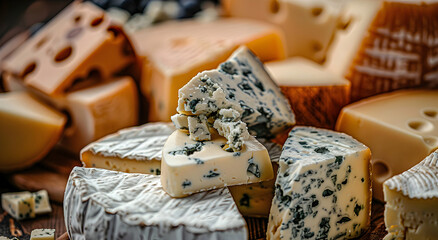 Close-up texture of blue cheese in the background.