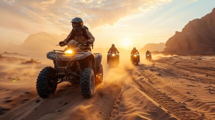 High-speed racing of several people riding atvs in the desert