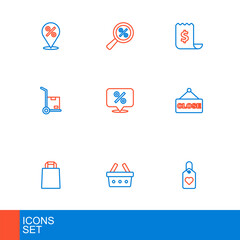 Poster - Set line Heart tag, Shopping basket, Paper shopping bag, Hanging sign with text Closed, Hand truck and boxes, Discount percent, check financial check and Magnifying glass icon. Vector