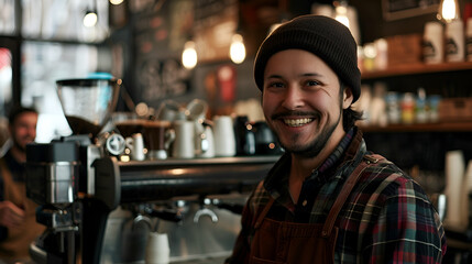 young smiling barista on the background of a coffee shop with a coffee machine and coffee with copy space